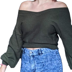 👚 NWT Raglan Long Sleeve Double V Neck Cropped Sweater Solid Cropped Knit …